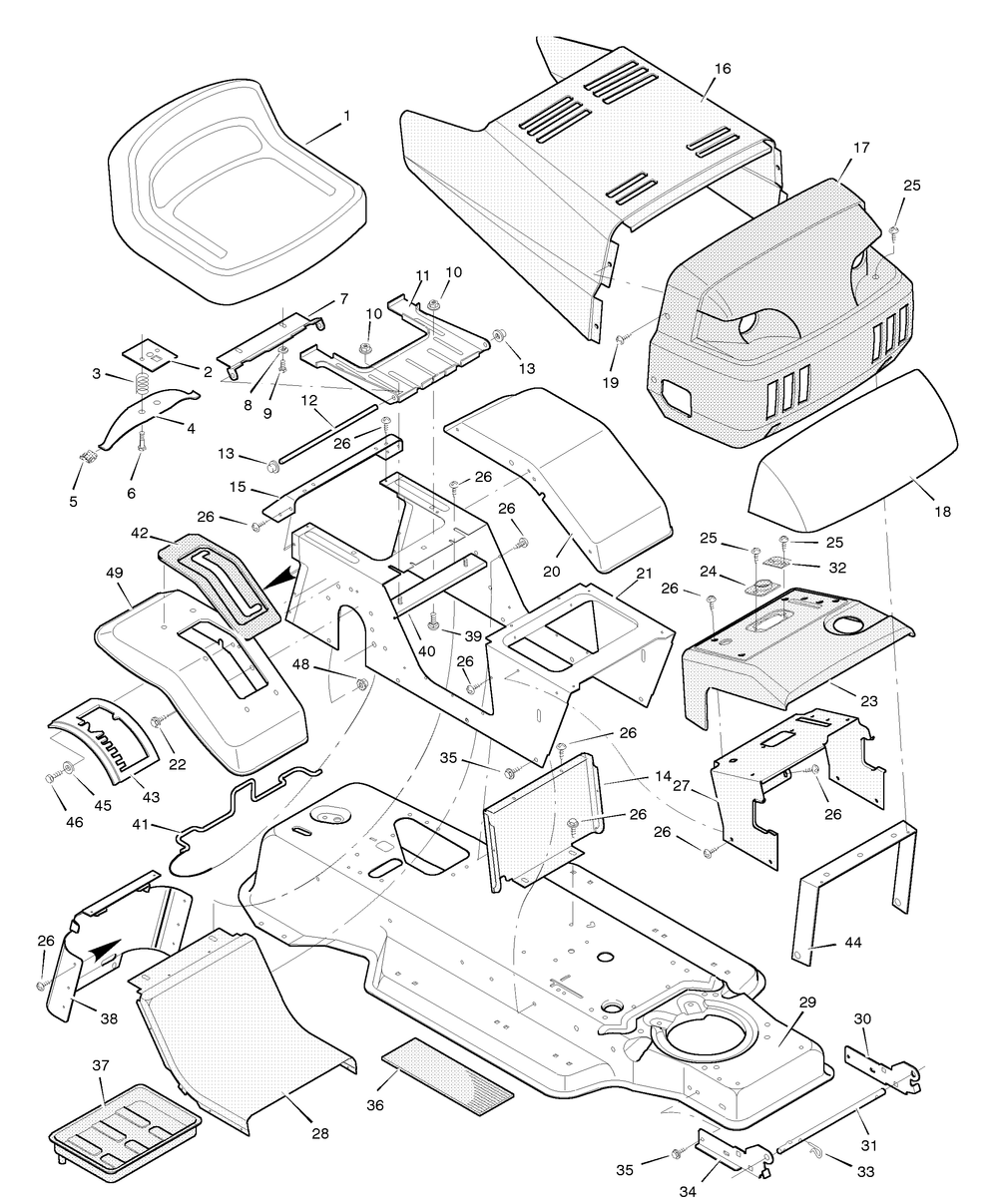 Chassis And Hood Diagram and Parts List for 42830B 1996 Briggs and Stratton Lawn Tractor